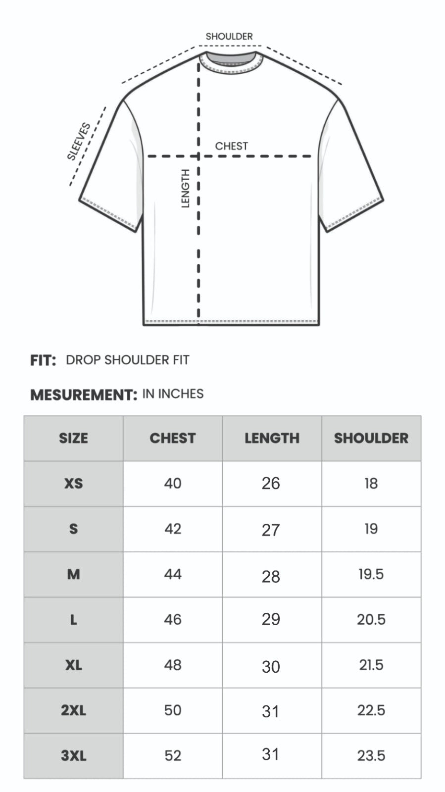 Size Chart for DARKLIGHT T-SHIRT