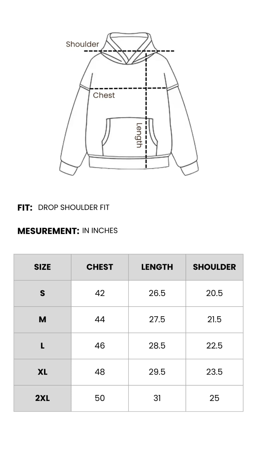 Size Chart for INFERNAL SILENCE HOODIE